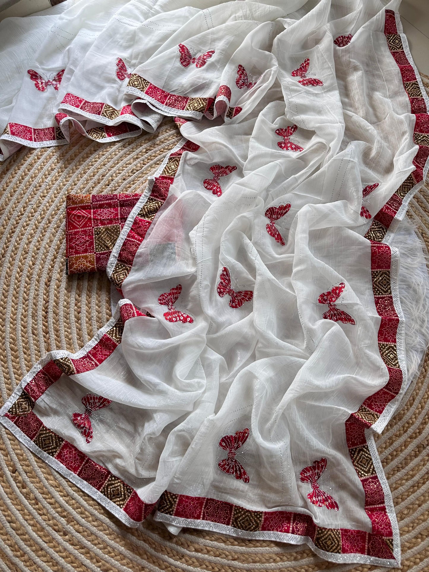 Rishika Crunchy Silk Saree – Soft Refined Bandhani Butta Saree with Diamond Work & Bandhani Blouse