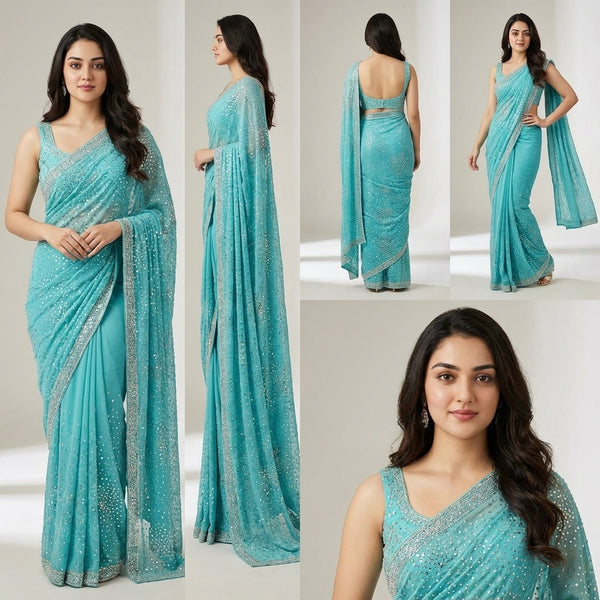 Aqua Celeste Crystal Drape Saree