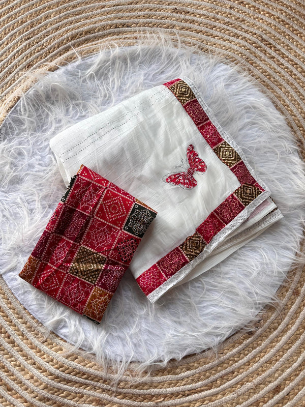 Rishika Crunchy Silk Saree – Soft Refined Bandhani Butta Saree with Diamond Work & Bandhani Blouse