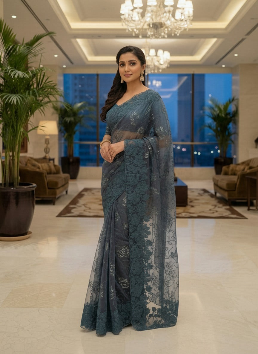 Luxury Floral Embroidered Organza Saree – Premium Party Wear | Vastra Yug
