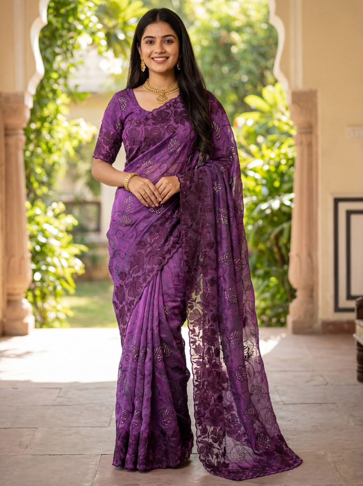 Luxury Floral Embroidered Organza Saree – Premium Party Wear | Vastra Yug