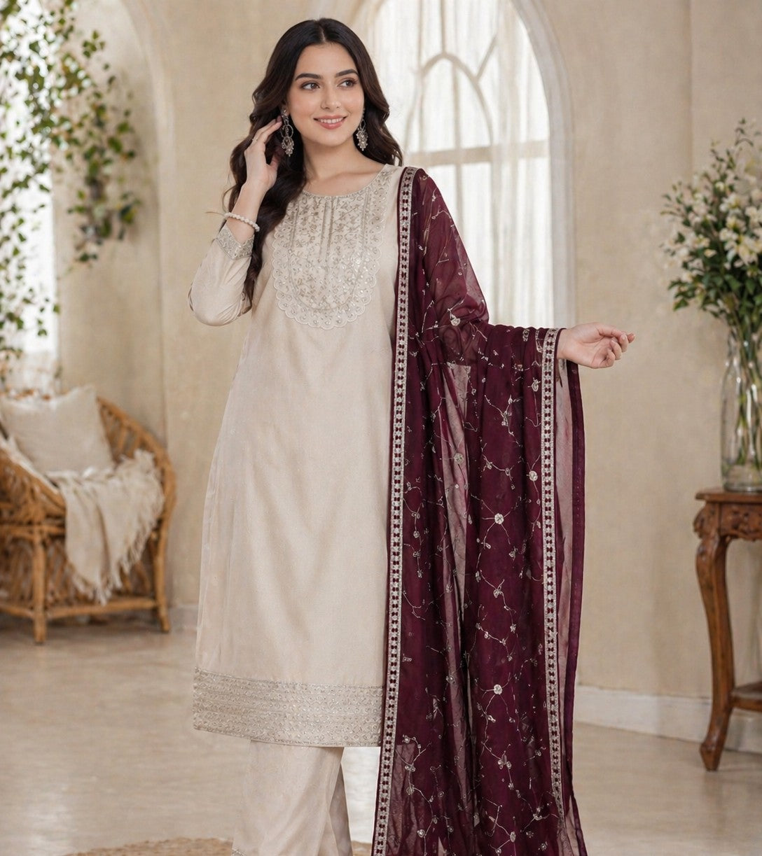 Premium Vichitra Silk Embroidered Kurti Set with Dupatta | Party Wear Designer Suit (S–XXL)