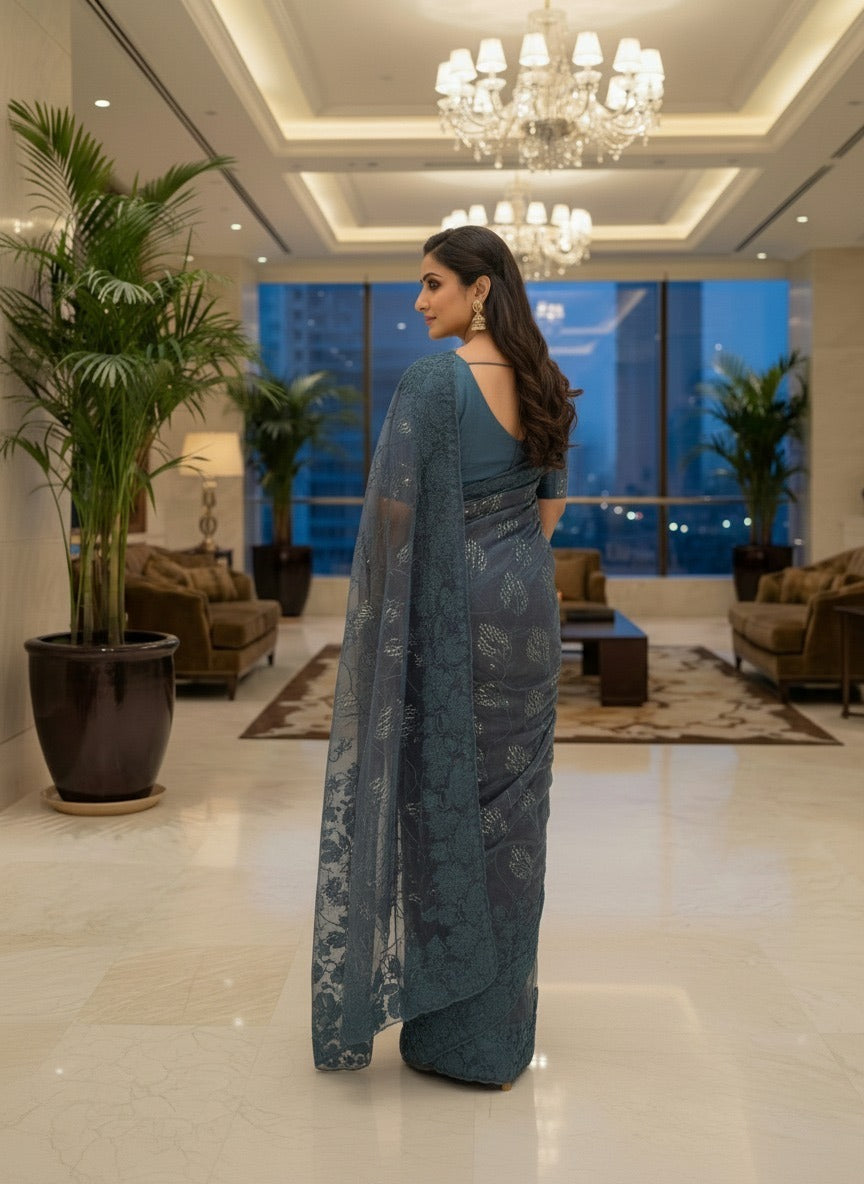 Luxury Floral Embroidered Organza Saree – Premium Party Wear | Vastra Yug