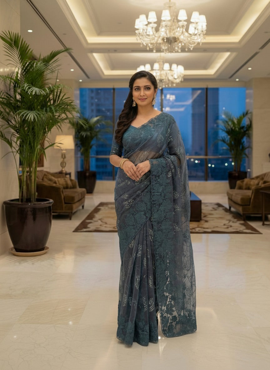 Luxury Floral Embroidered Organza Saree – Premium Party Wear | Vastra Yug