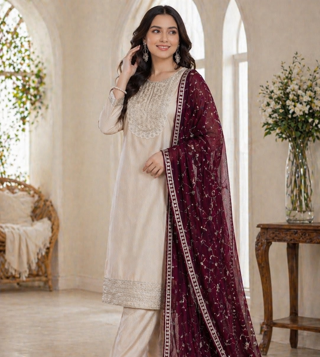 Premium Vichitra Silk Embroidered Kurti Set with Dupatta | Party Wear Designer Suit (S–XXL)