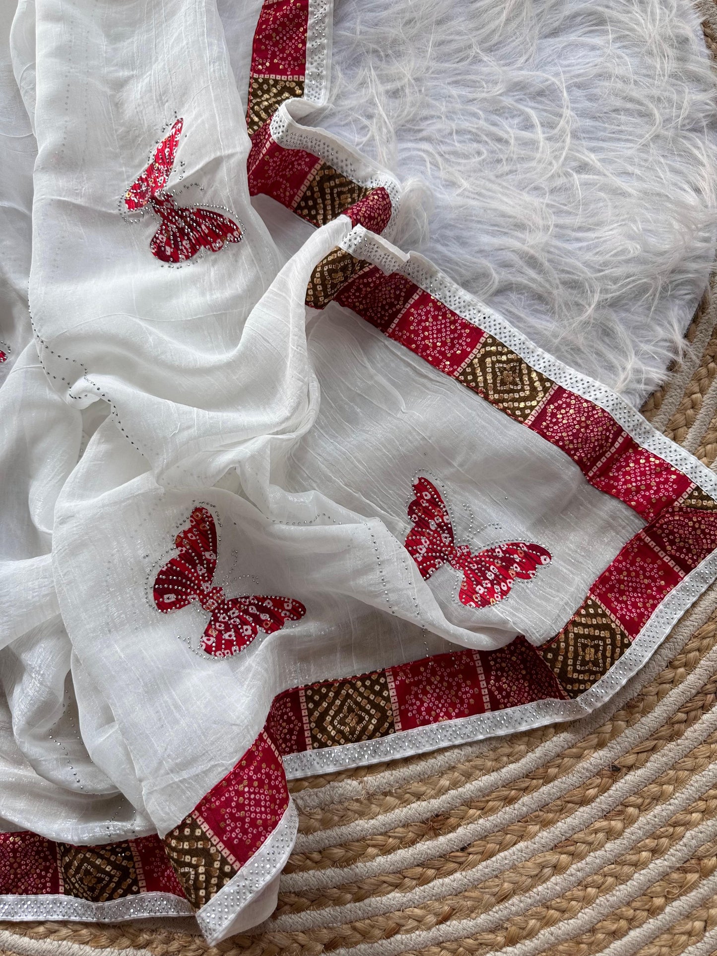 Rishika Crunchy Silk Saree – Soft Refined Bandhani Butta Saree with Diamond Work & Bandhani Blouse