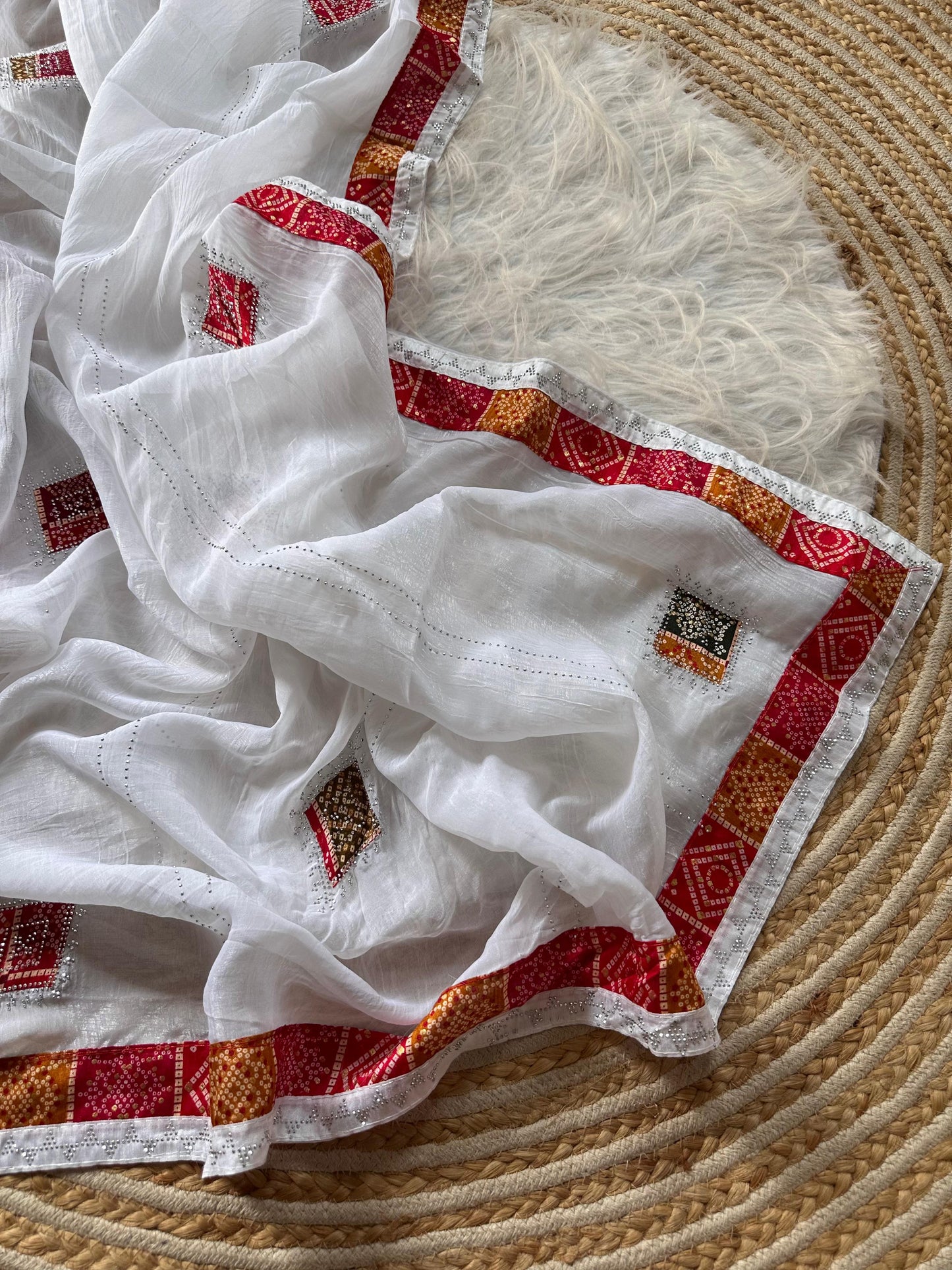 Rishika Crunchy Silk Saree – Soft Refined Bandhani Butta Saree with Diamond Work & Bandhani Blouse