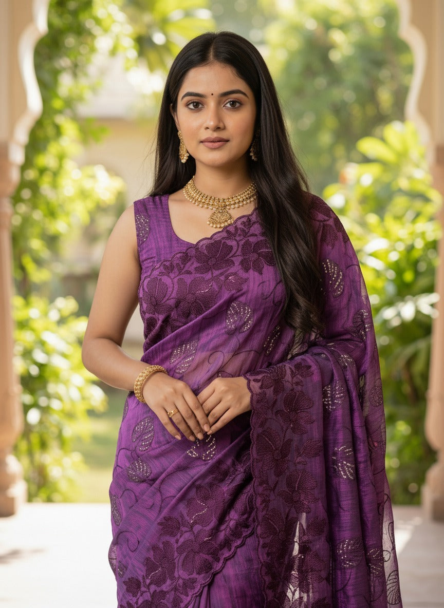 Luxury Floral Embroidered Organza Saree – Premium Party Wear | Vastra Yug