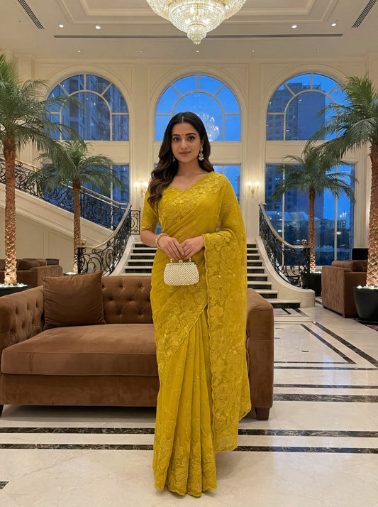 Luxury Floral Embroidered Organza Saree – Premium Party Wear | Vastra Yug