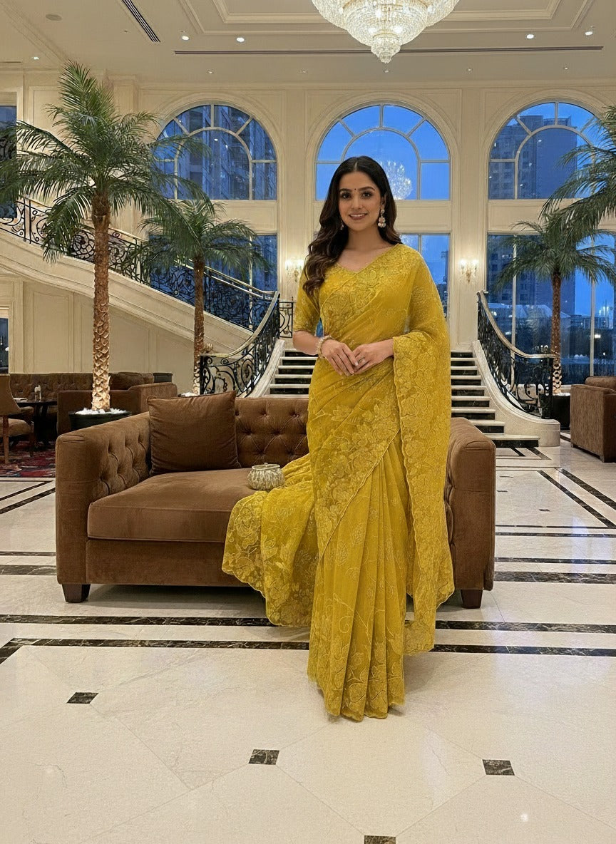 Luxury Floral Embroidered Organza Saree – Premium Party Wear | Vastra Yug