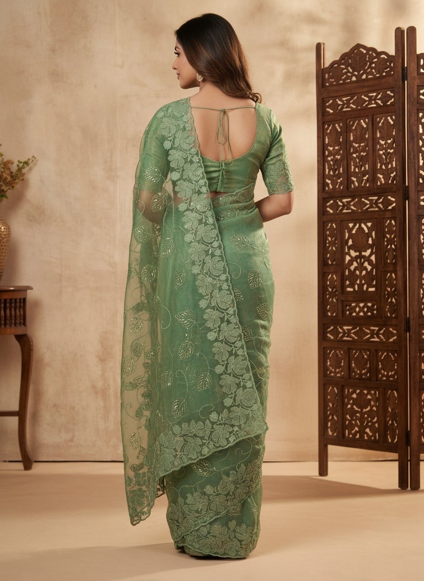 Luxury Floral Embroidered Organza Saree – Premium Party Wear | Vastra Yug
